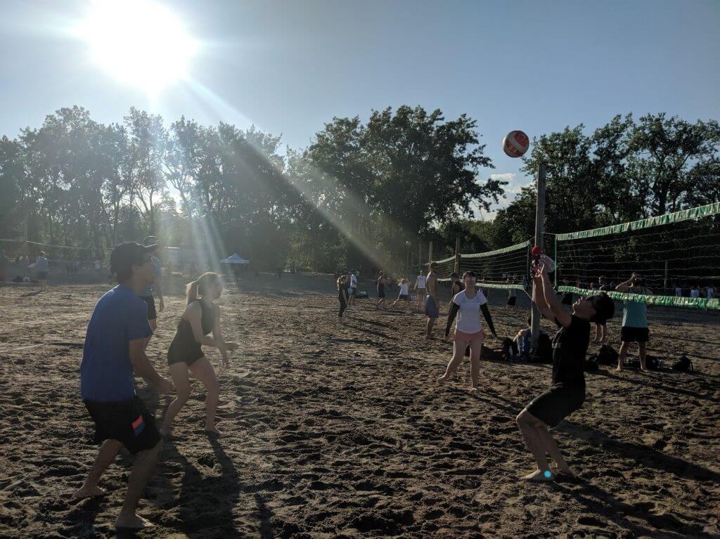 An action shot of LEA beach volleyball team.
