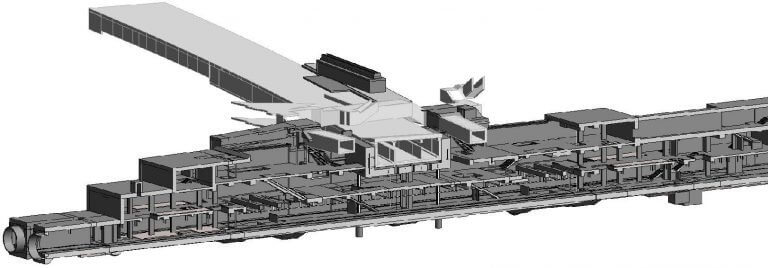 A 3D model of a cross section of Yonge-Eglinton station.