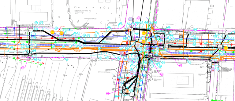 A map of utility locations at the Yonge-Eglinton project site.