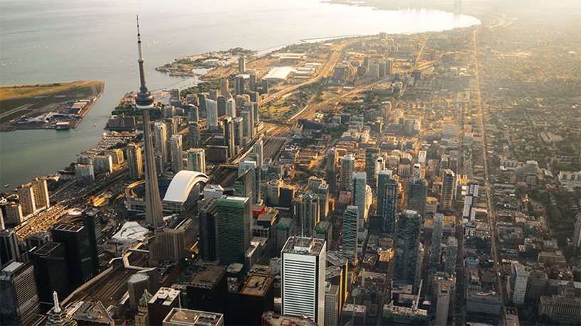 An aerial view of the Downtown Toronto Ontario skyline.