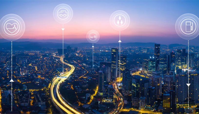 A stock image of typical smart city elements.