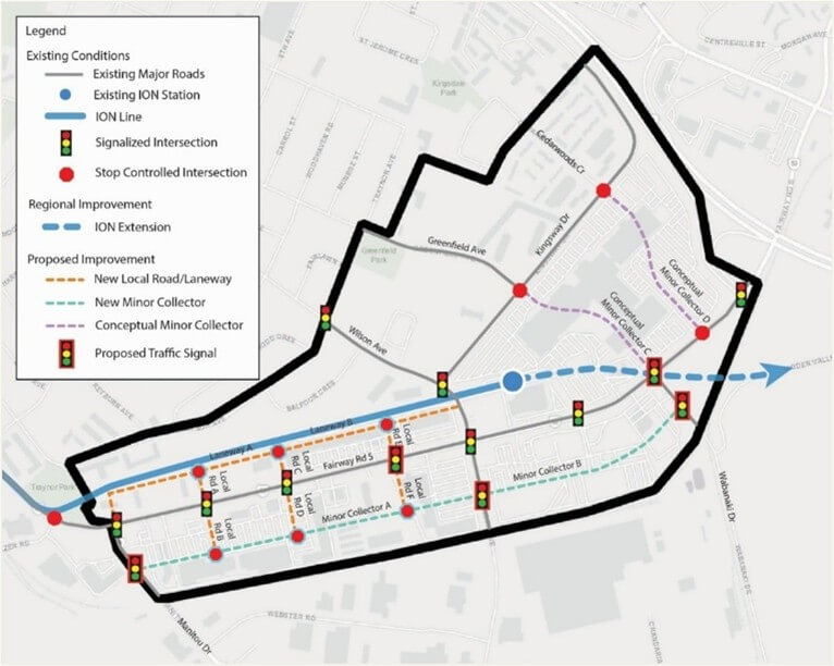 map of iON LRT showing existing conditions versus regional and proposed improvements
